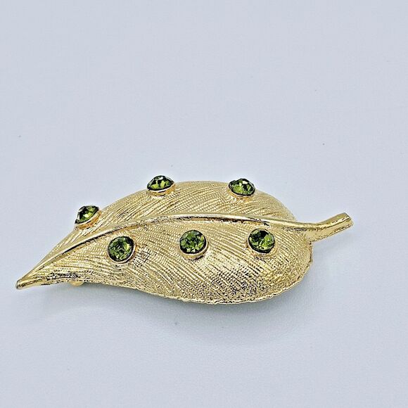 Autumn Leaf Brooch Green Jeweled Fall Foliage Gold Tone Estate Jewelry Pin - Picture 2 of 9